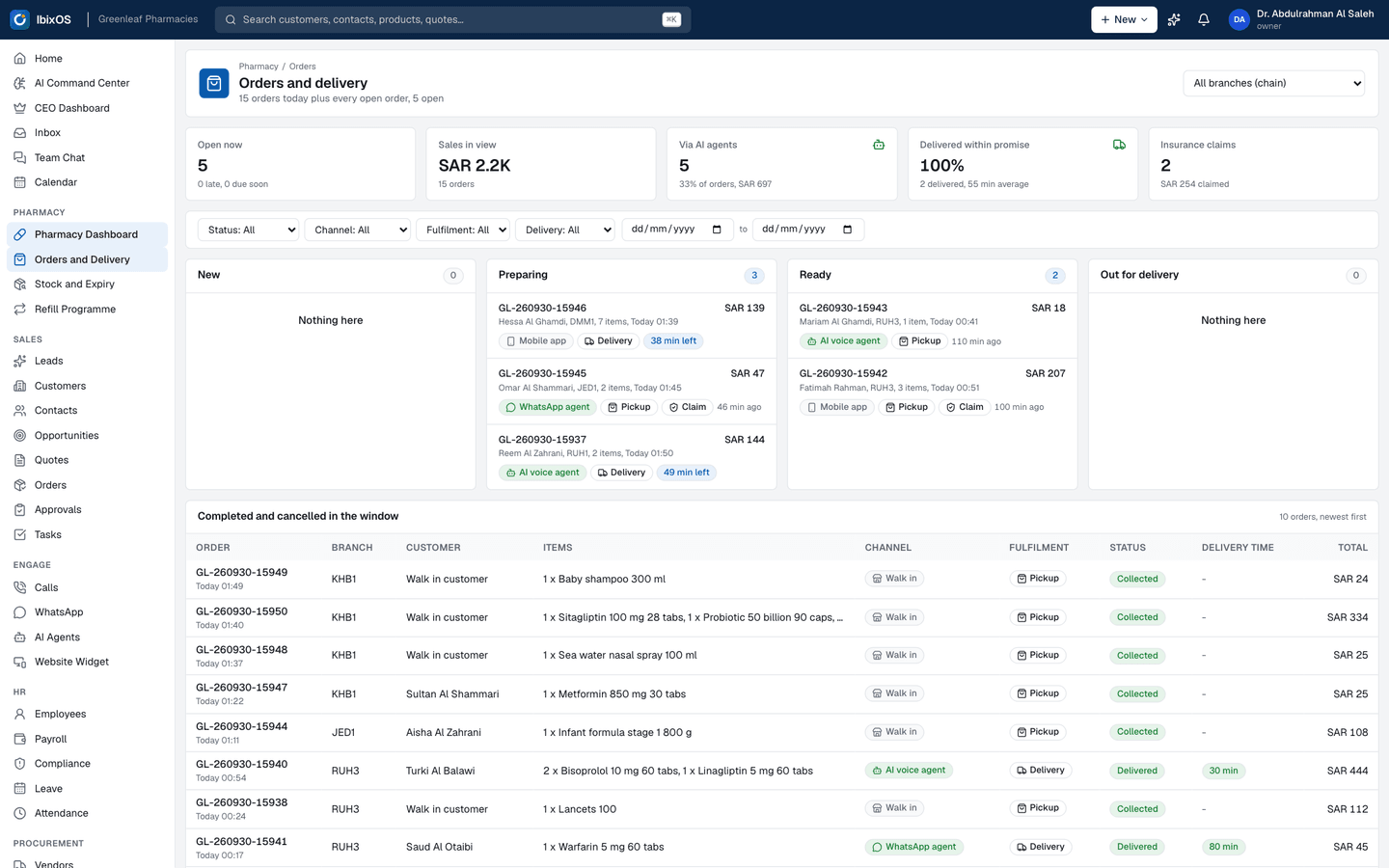 Orders and delivery: Orders from the mobile app, WhatsApp agent and voice agent moving from new to preparing, ready and out for delivery, with delivery promise and insurance claims.