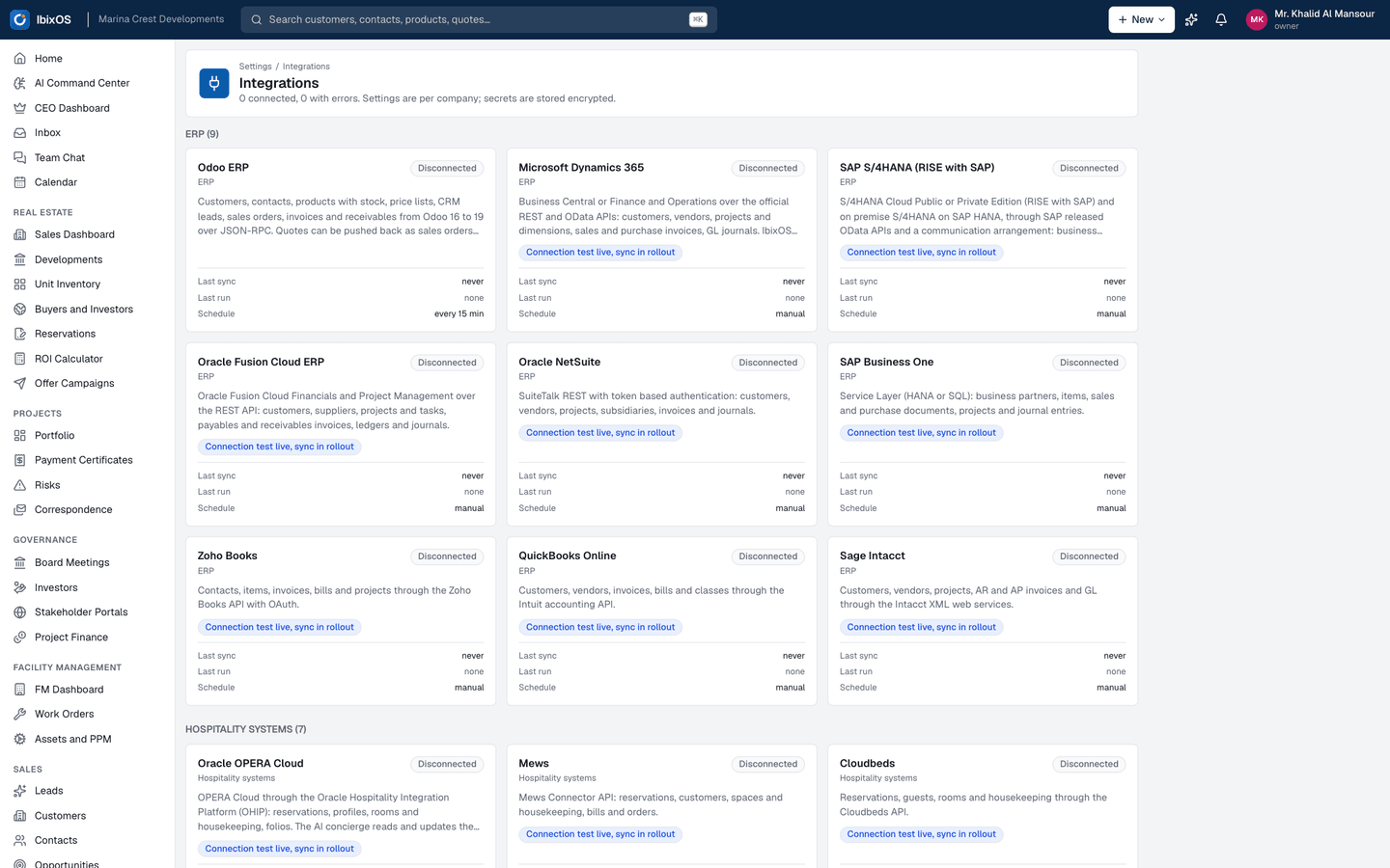 Integrations: Connectors for ERPs, hospitality systems, telephony, messaging and more, each with a live connection test and a logged sync schedule. Secrets are encrypted per company.