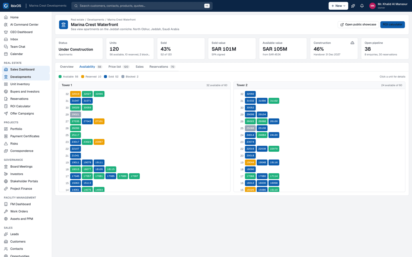 Availability matrix: Unit by unit availability for a development: available, reserved, sold and blocked, by floor and type.
