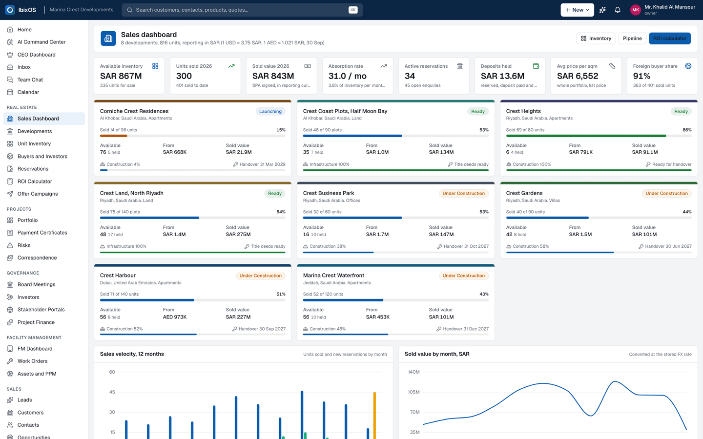 Real estate sales: Developments, unit inventory, reservations and offers for a developer, with the sales agents' pipeline on one screen.