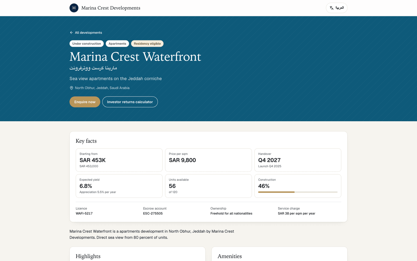 Public showcase page: A public page per development with availability and ROI for buyers, generated from the same inventory.